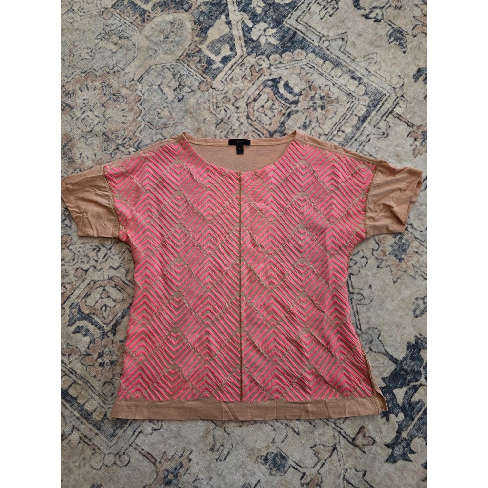 J. Crew Women's Small Pink and Tan Geometric Pattern Short Sleeve Casual Blouse